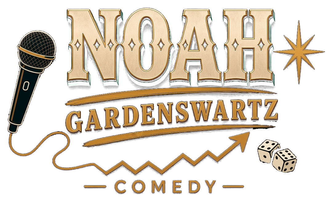 Noah Gardenswartz Comedy logo: a microphone, star, and dice around the name in gold western lettering